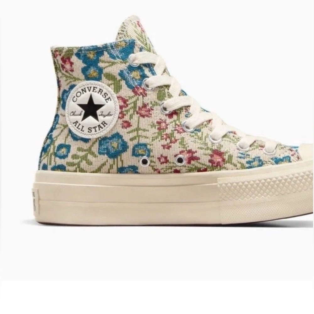 Converse Women's Floral High-Tops - Cream, Blue, and Pink